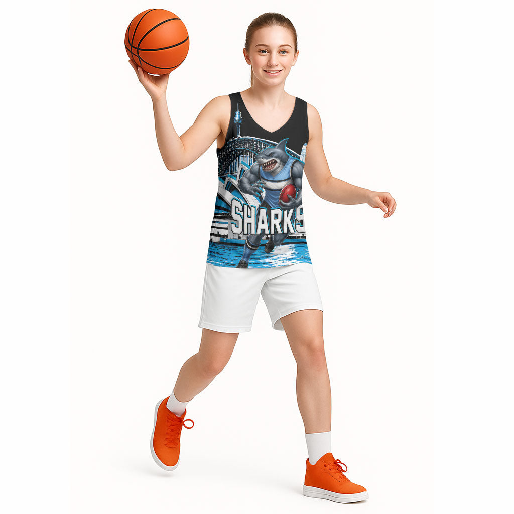 Personalised Sydney Sharks Rugby Basketball Jersey Muscular Mascot Harbour Bridge Skyline Graphic