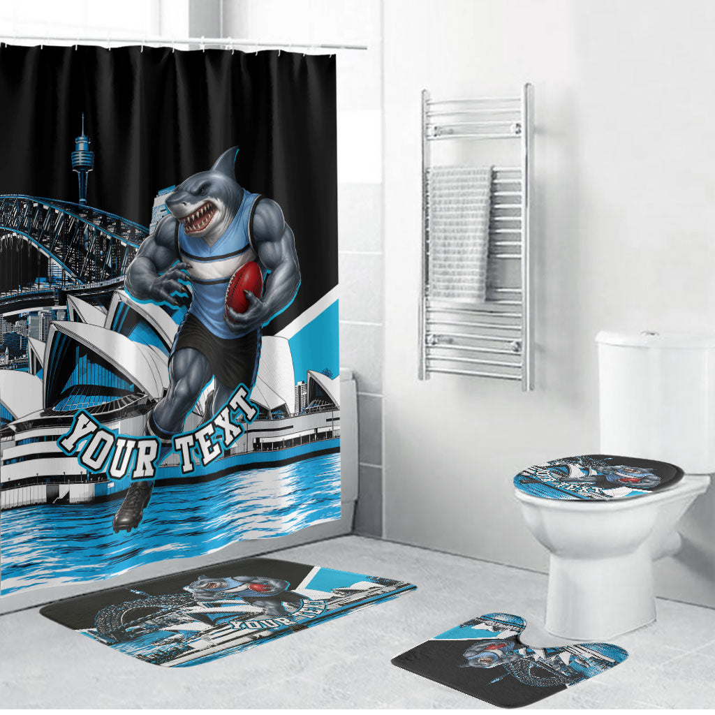 Personalised Sydney Sharks Rugby Bathroom Set Muscular Mascot Harbour Bridge Skyline Graphic