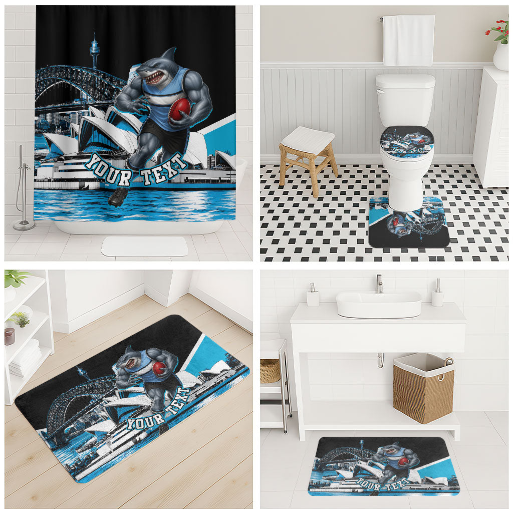 Personalised Sydney Sharks Rugby Bathroom Set Muscular Mascot Harbour Bridge Skyline Graphic