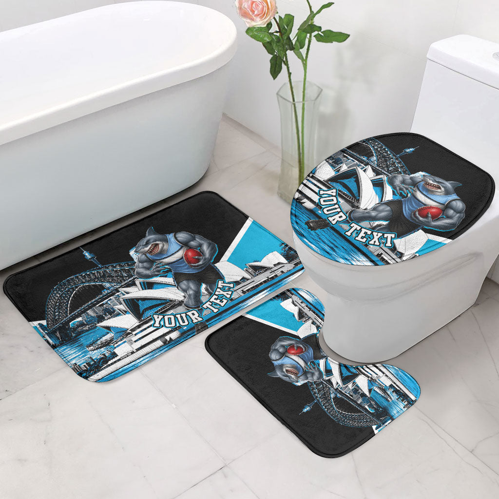 Personalised Sydney Sharks Rugby Bathroom Set Muscular Mascot Harbour Bridge Skyline Graphic