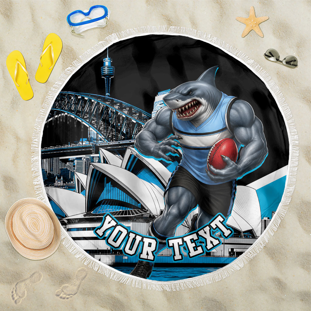 Personalised Sydney Sharks Rugby Beach Blanket Muscular Mascot Harbour Bridge Skyline Graphic
