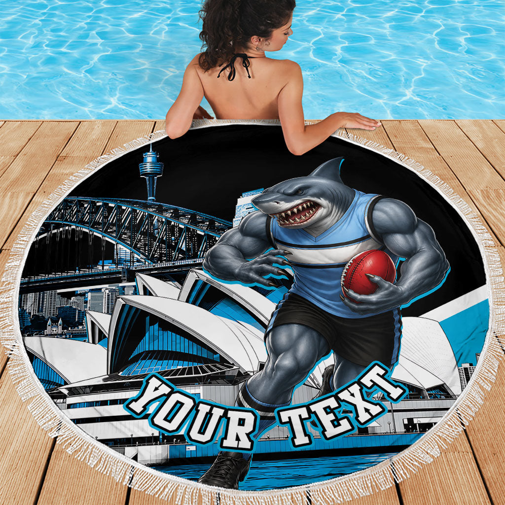 Personalised Sydney Sharks Rugby Beach Blanket Muscular Mascot Harbour Bridge Skyline Graphic