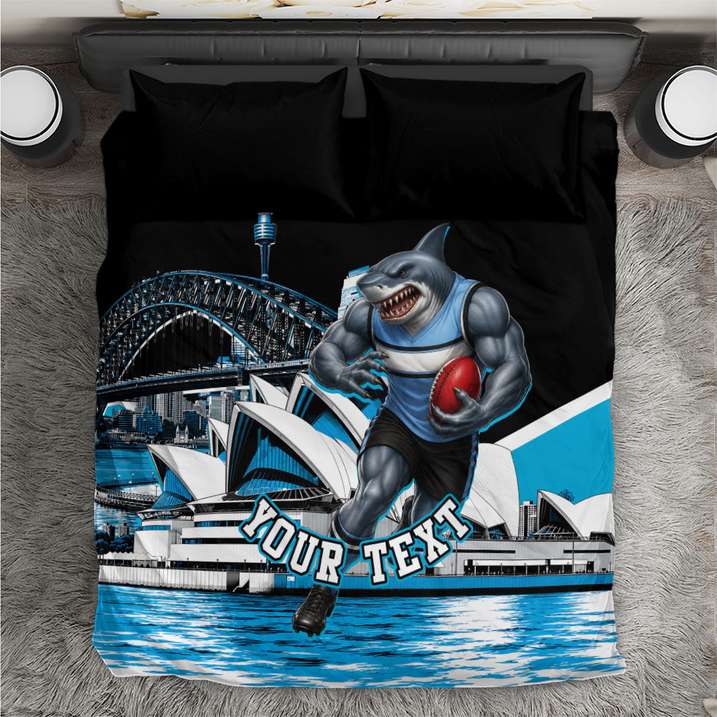 Personalised Sydney Sharks Rugby Bedding Set Muscular Mascot Harbour Bridge Skyline Graphic