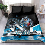 Personalised Sydney Sharks Rugby Bedding Set Muscular Mascot Harbour Bridge Skyline Graphic