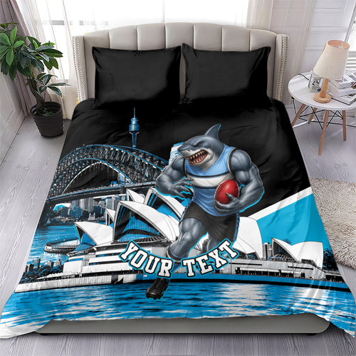 Personalised Sydney Sharks Rugby Bedding Set Muscular Mascot Harbour Bridge Skyline Graphic