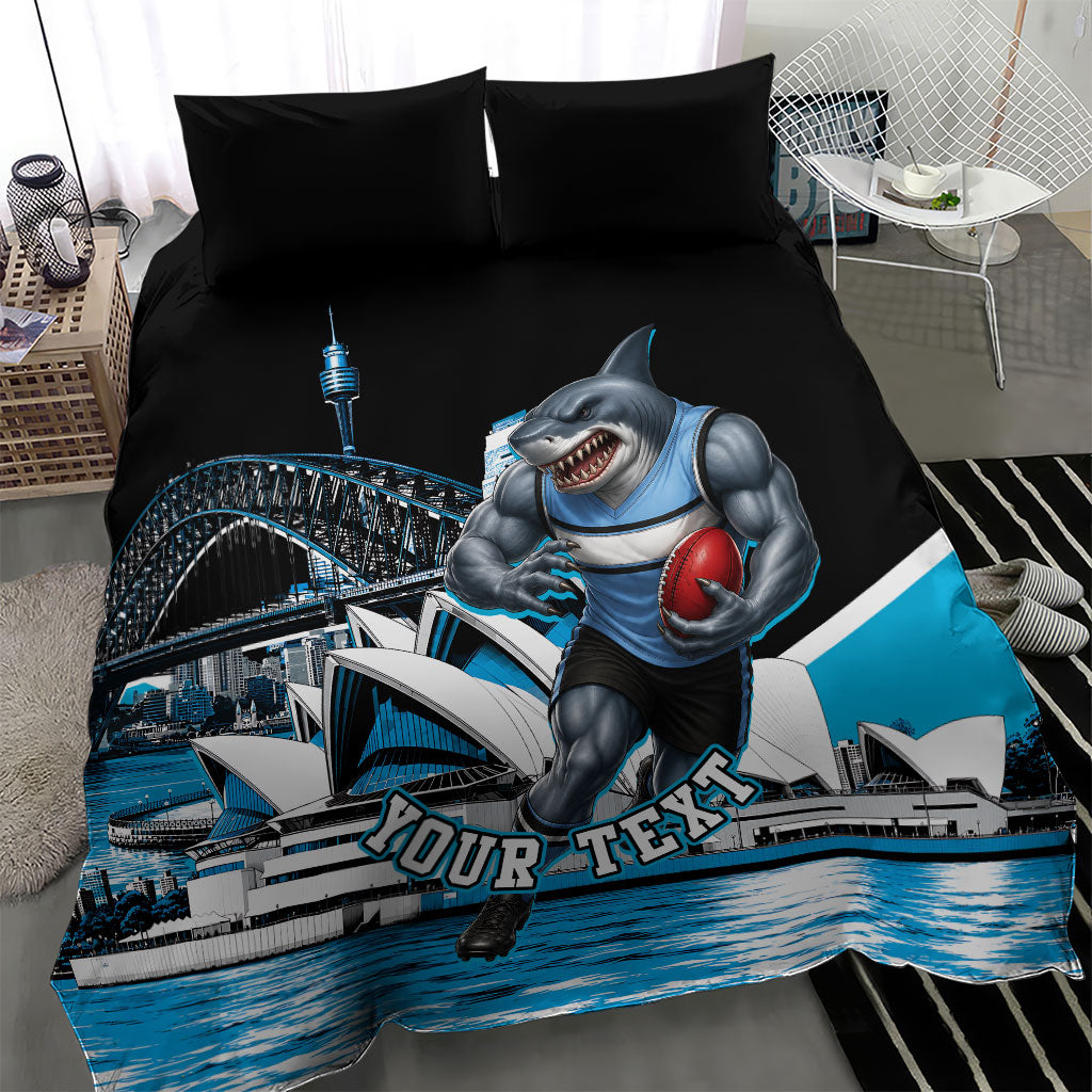 Personalised Sydney Sharks Rugby Bedding Set Muscular Mascot Harbour Bridge Skyline Graphic