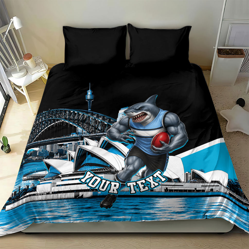 Personalised Sydney Sharks Rugby Bedding Set Muscular Mascot Harbour Bridge Skyline Graphic