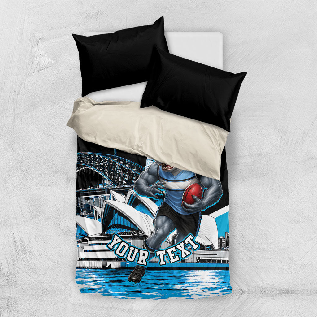 Personalised Sydney Sharks Rugby Bedding Set Muscular Mascot Harbour Bridge Skyline Graphic