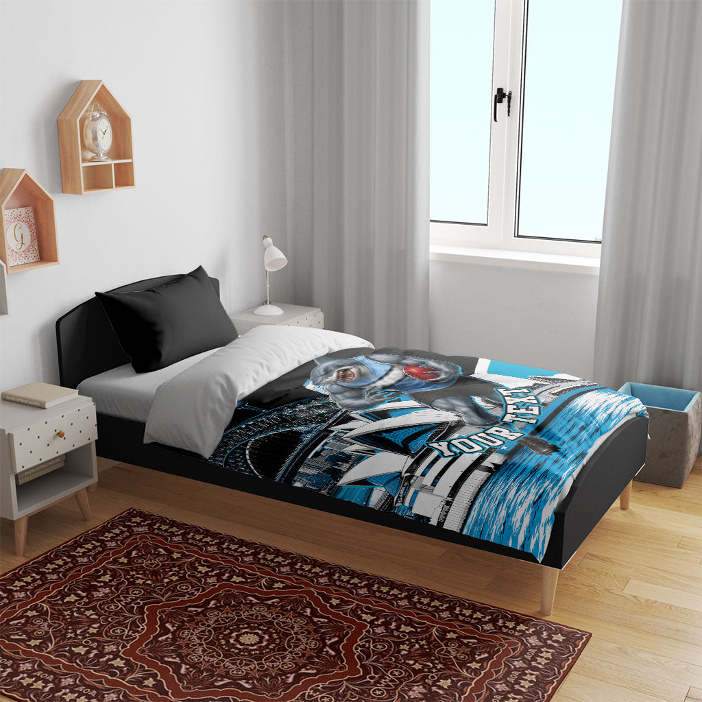 Personalised Sydney Sharks Rugby Bedding Set Muscular Mascot Harbour Bridge Skyline Graphic