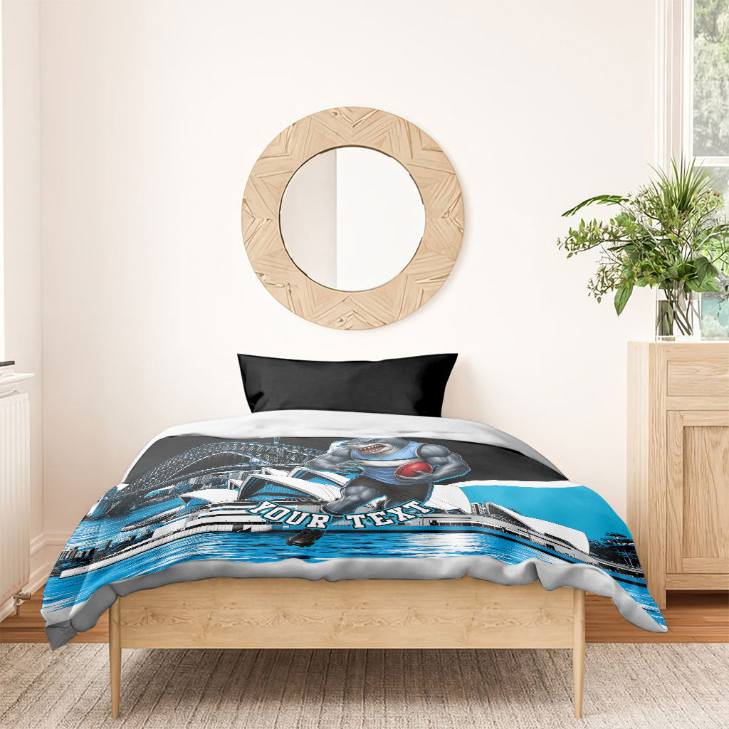 Personalised Sydney Sharks Rugby Bedding Set Muscular Mascot Harbour Bridge Skyline Graphic