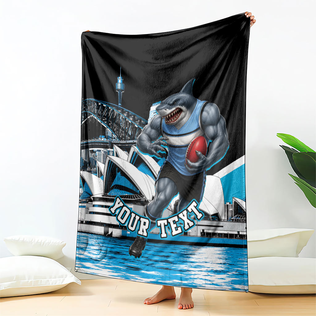 Personalised Sydney Sharks Rugby Blanket Muscular Mascot Harbour Bridge Skyline Graphic