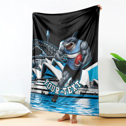 Personalised Sydney Sharks Rugby Blanket Muscular Mascot Harbour Bridge Skyline Graphic