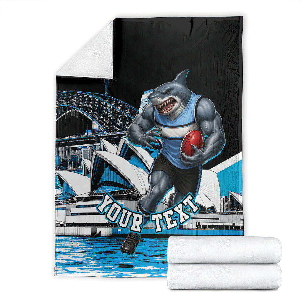 Personalised Sydney Sharks Rugby Blanket Muscular Mascot Harbour Bridge Skyline Graphic