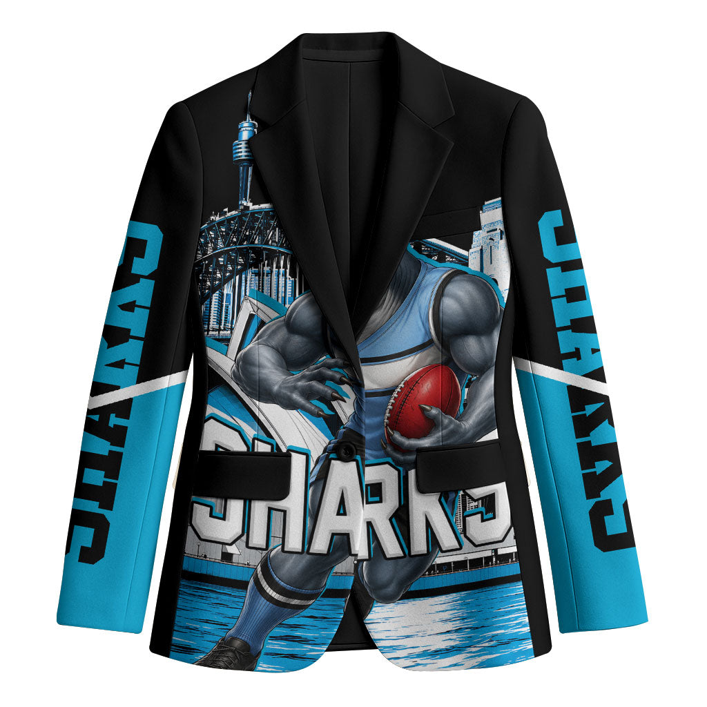 Personalised Sydney Sharks Rugby Blazer Muscular Mascot Harbour Bridge Skyline Graphic