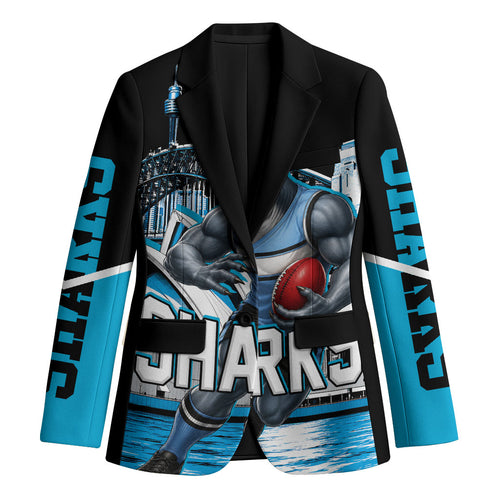 Personalised Sydney Sharks Rugby Blazer Muscular Mascot Harbour Bridge Skyline Graphic