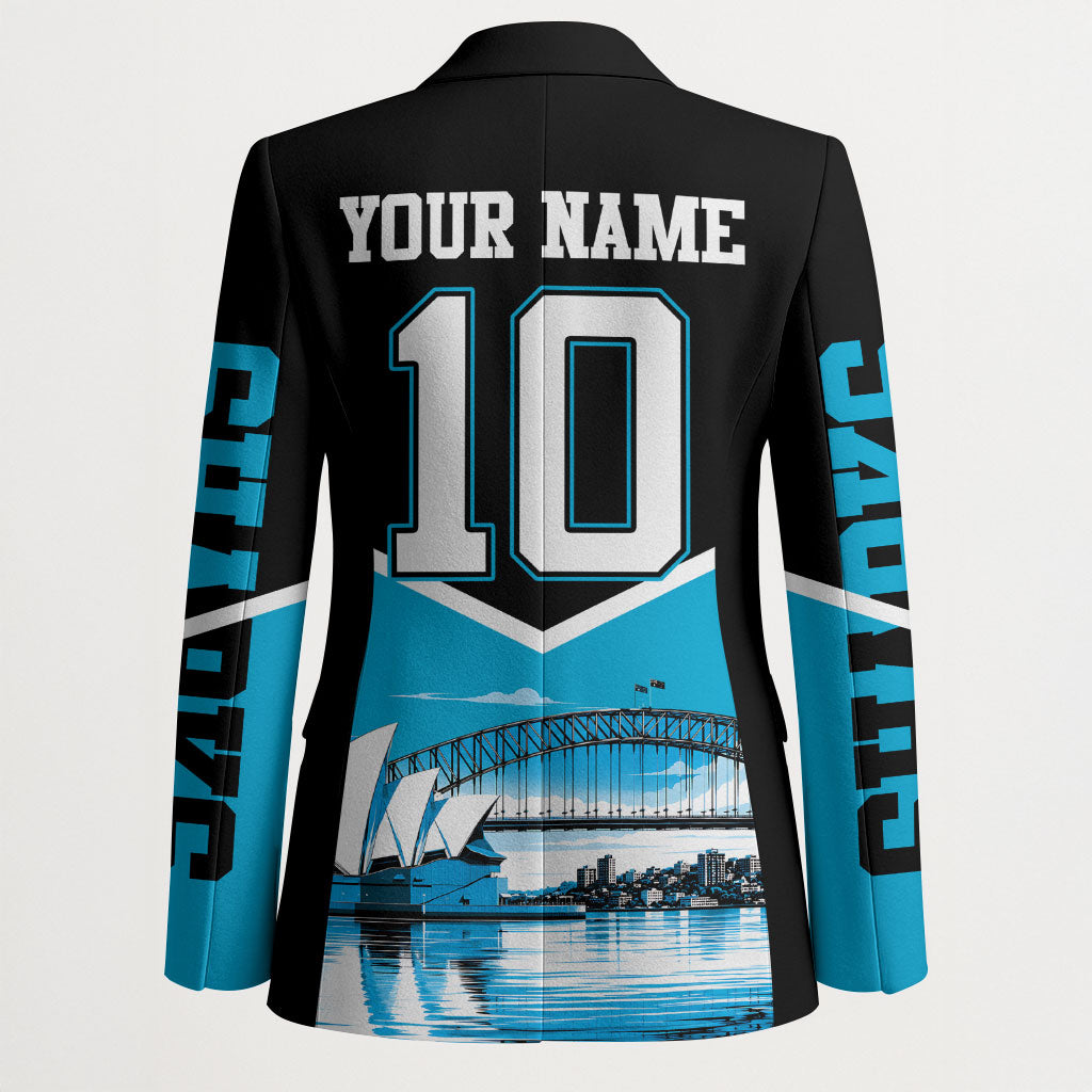 Personalised Sydney Sharks Rugby Blazer Muscular Mascot Harbour Bridge Skyline Graphic