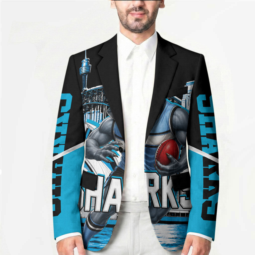Personalised Sydney Sharks Rugby Blazer Muscular Mascot Harbour Bridge Skyline Graphic