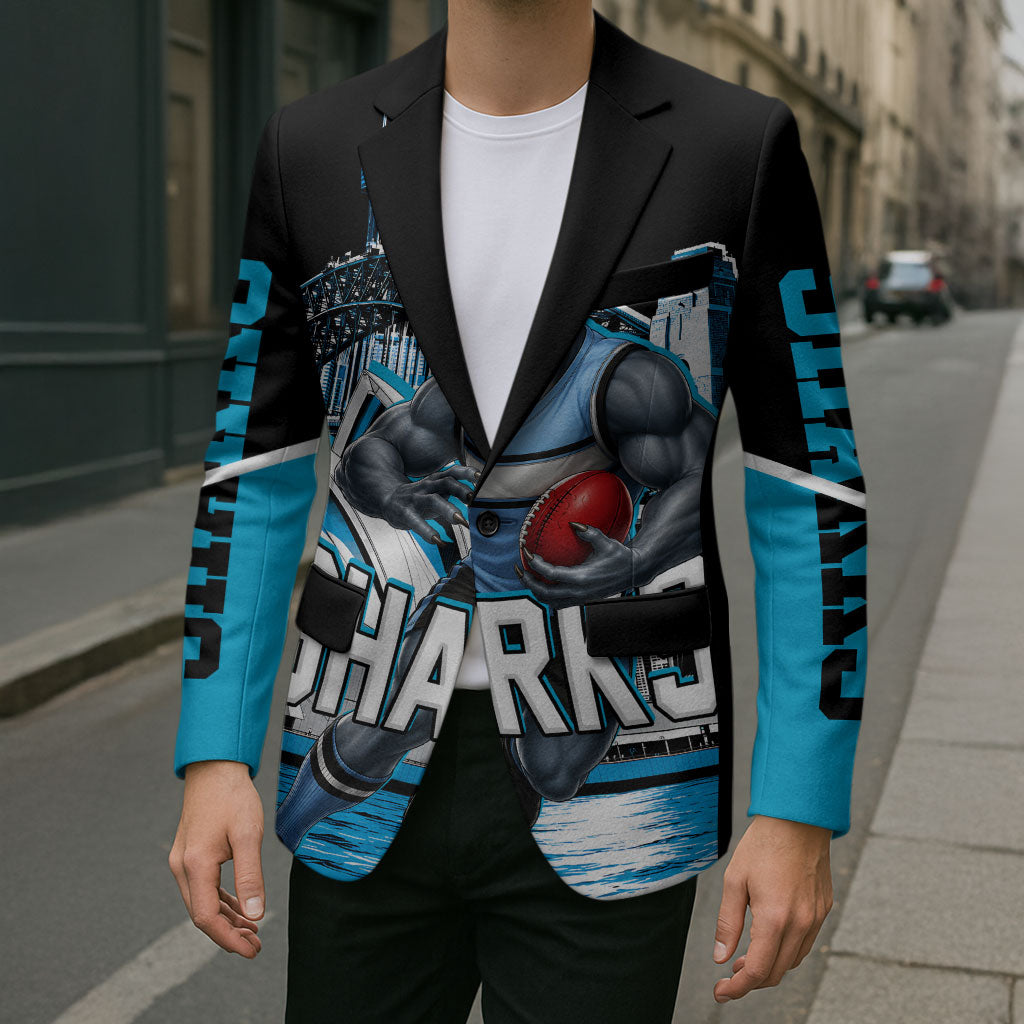 Personalised Sydney Sharks Rugby Blazer Muscular Mascot Harbour Bridge Skyline Graphic