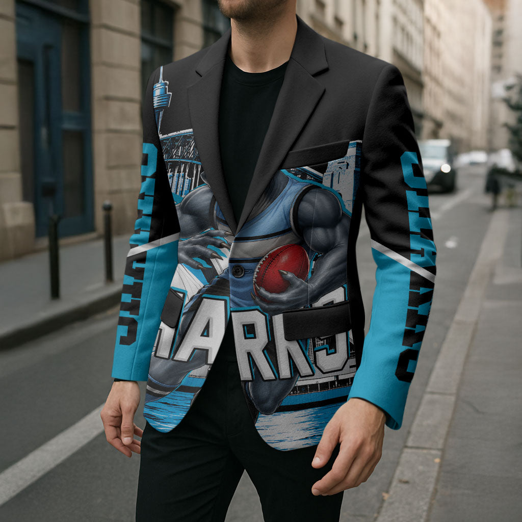 Personalised Sydney Sharks Rugby Blazer Muscular Mascot Harbour Bridge Skyline Graphic