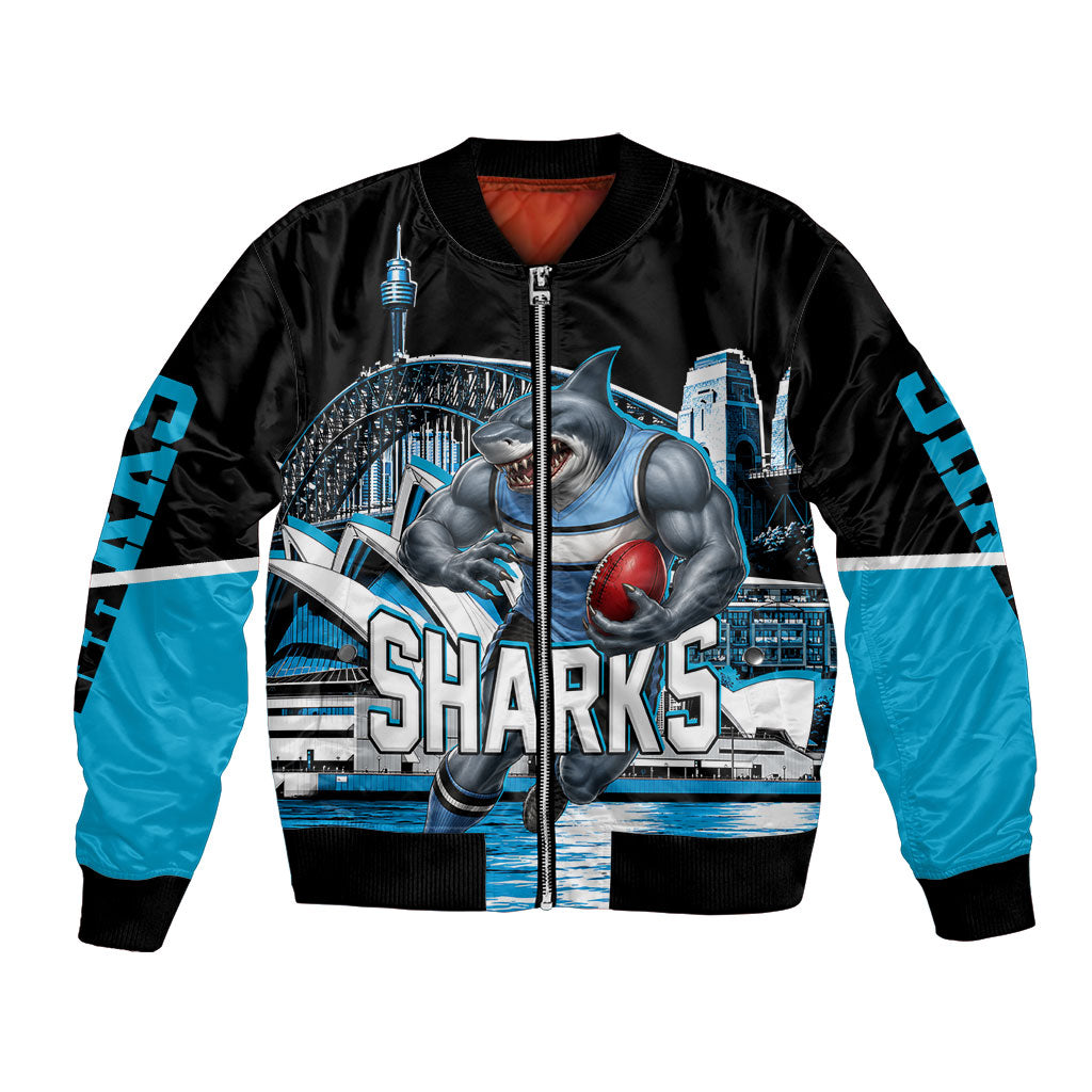 Personalised Sydney Sharks Rugby Bomber Jacket Muscular Mascot Harbour Bridge Skyline Graphic