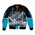 Personalised Sydney Sharks Rugby Bomber Jacket Muscular Mascot Harbour Bridge Skyline Graphic