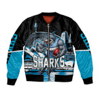 Personalised Sydney Sharks Rugby Bomber Jacket Muscular Mascot Harbour Bridge Skyline Graphic