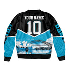 Personalised Sydney Sharks Rugby Bomber Jacket Muscular Mascot Harbour Bridge Skyline Graphic