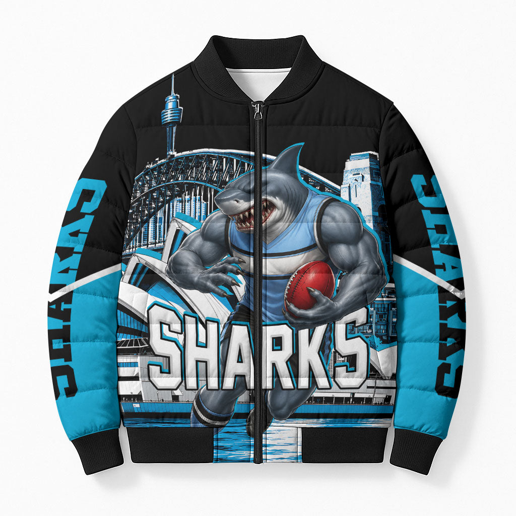 Personalised Sydney Sharks Rugby Bomber Puffer Jacket Muscular Mascot Harbour Bridge Skyline Graphic