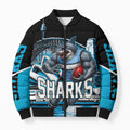 Personalised Sydney Sharks Rugby Bomber Puffer Jacket Muscular Mascot Harbour Bridge Skyline Graphic