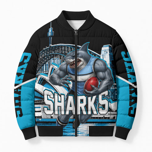 Personalised Sydney Sharks Rugby Bomber Puffer Jacket Muscular Mascot Harbour Bridge Skyline Graphic