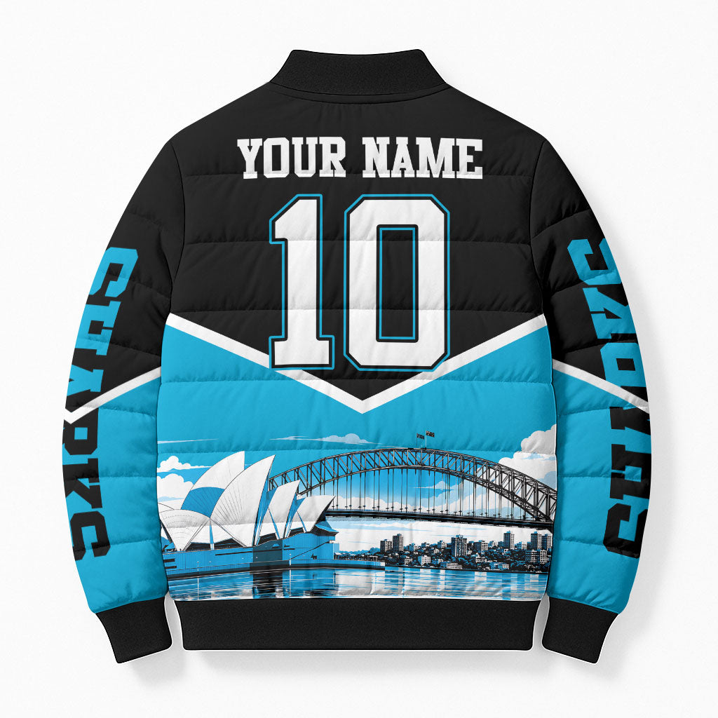 Personalised Sydney Sharks Rugby Bomber Puffer Jacket Muscular Mascot Harbour Bridge Skyline Graphic