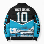 Personalised Sydney Sharks Rugby Bomber Puffer Jacket Muscular Mascot Harbour Bridge Skyline Graphic