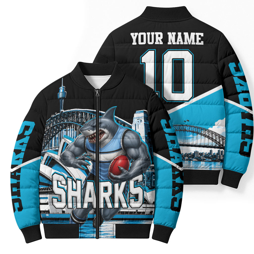 Personalised Sydney Sharks Rugby Bomber Puffer Jacket Muscular Mascot Harbour Bridge Skyline Graphic