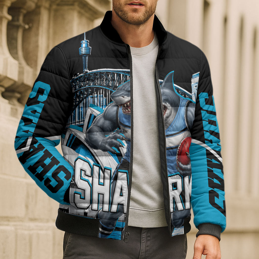 Personalised Sydney Sharks Rugby Bomber Puffer Jacket Muscular Mascot Harbour Bridge Skyline Graphic