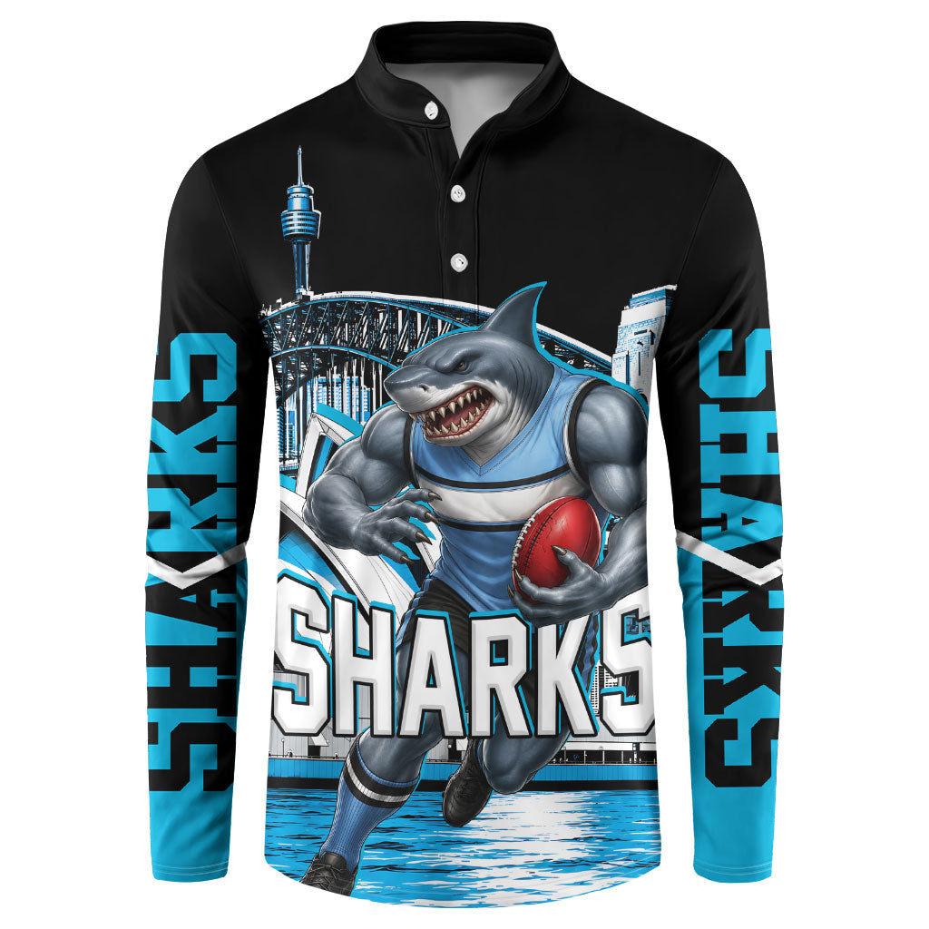 Personalised Sydney Sharks Rugby Button Sweatshirt Muscular Mascot Harbour Bridge Skyline Graphic