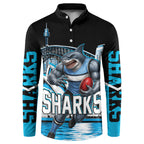 Personalised Sydney Sharks Rugby Button Sweatshirt Muscular Mascot Harbour Bridge Skyline Graphic