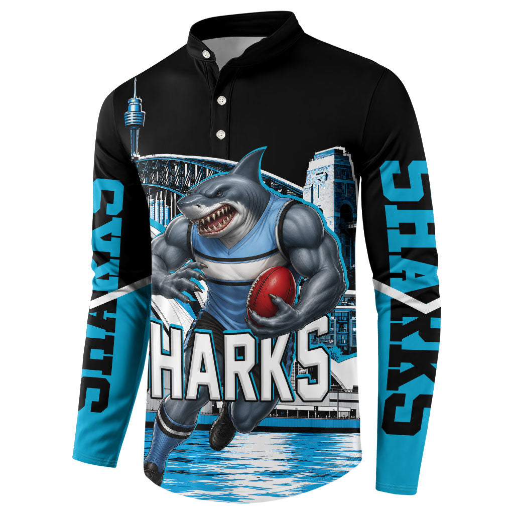Personalised Sydney Sharks Rugby Button Sweatshirt Muscular Mascot Harbour Bridge Skyline Graphic