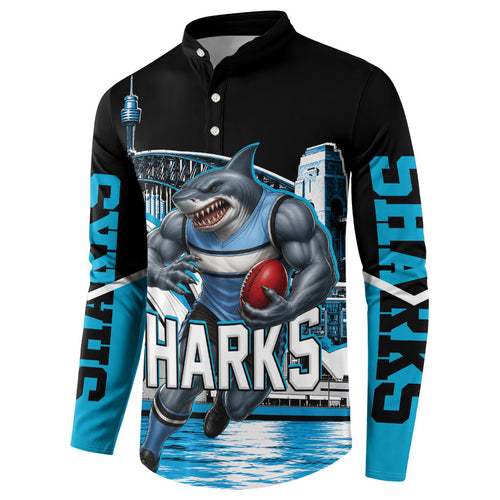 Personalised Sydney Sharks Rugby Button Sweatshirt Muscular Mascot Harbour Bridge Skyline Graphic