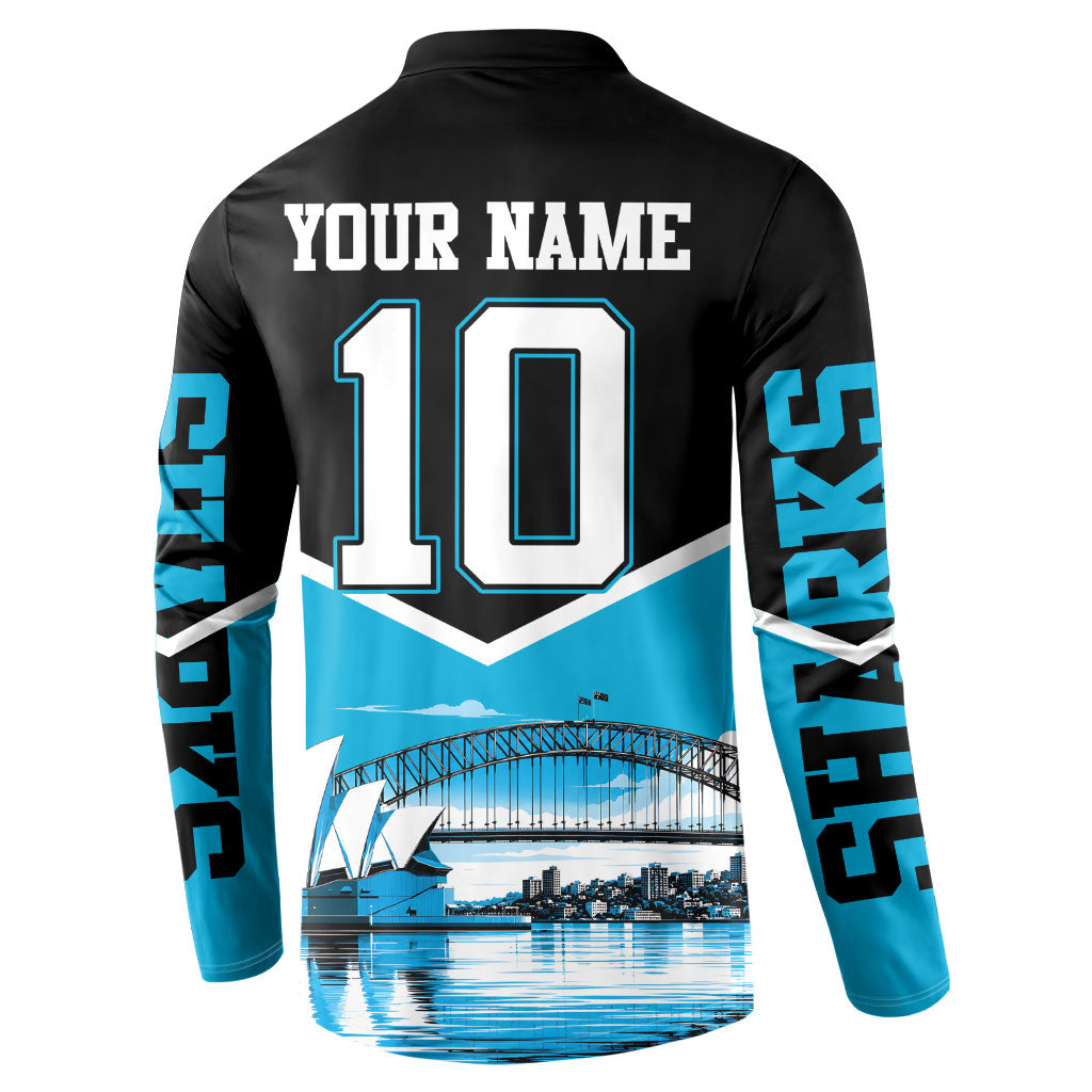 Personalised Sydney Sharks Rugby Button Sweatshirt Muscular Mascot Harbour Bridge Skyline Graphic