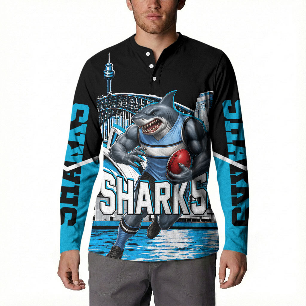 Personalised Sydney Sharks Rugby Button Sweatshirt Muscular Mascot Harbour Bridge Skyline Graphic