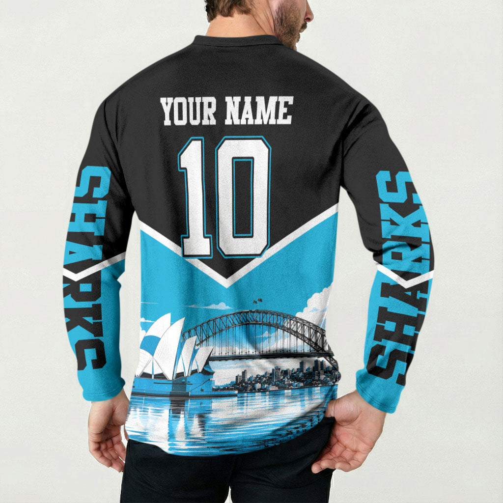 Personalised Sydney Sharks Rugby Button Sweatshirt Muscular Mascot Harbour Bridge Skyline Graphic