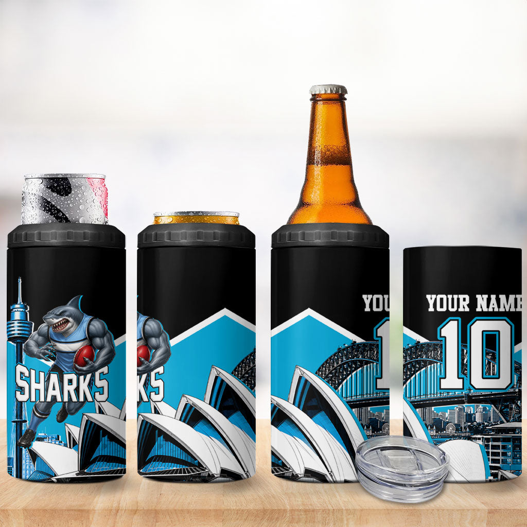 Personalised Sydney Sharks Rugby 4 in 1 Can Cooler Tumbler Muscular Mascot Harbour Bridge Skyline Graphic