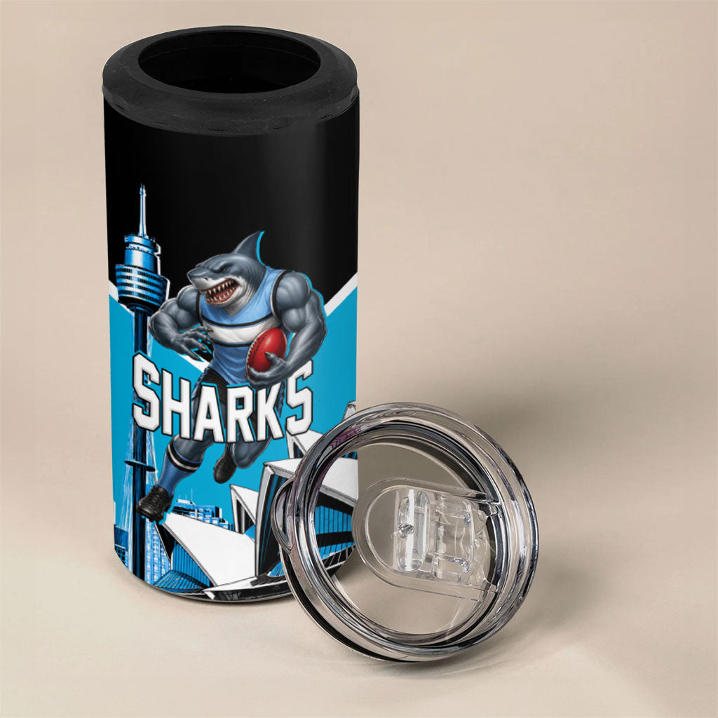 Personalised Sydney Sharks Rugby 4 in 1 Can Cooler Tumbler Muscular Mascot Harbour Bridge Skyline Graphic