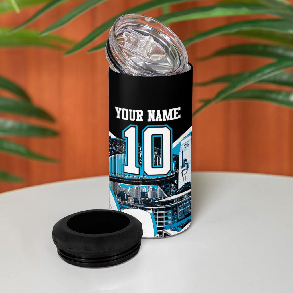 Personalised Sydney Sharks Rugby 4 in 1 Can Cooler Tumbler Muscular Mascot Harbour Bridge Skyline Graphic