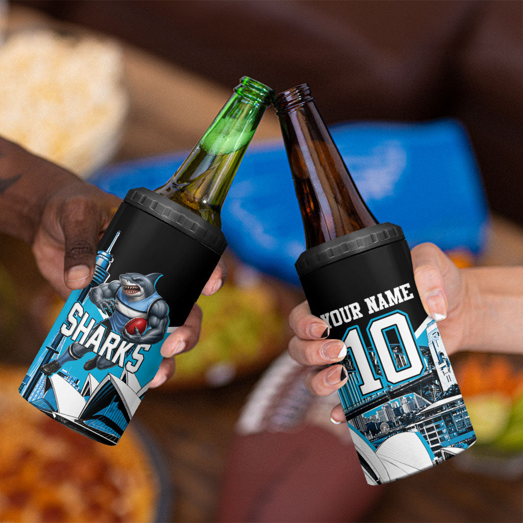 Personalised Sydney Sharks Rugby 4 in 1 Can Cooler Tumbler Muscular Mascot Harbour Bridge Skyline Graphic