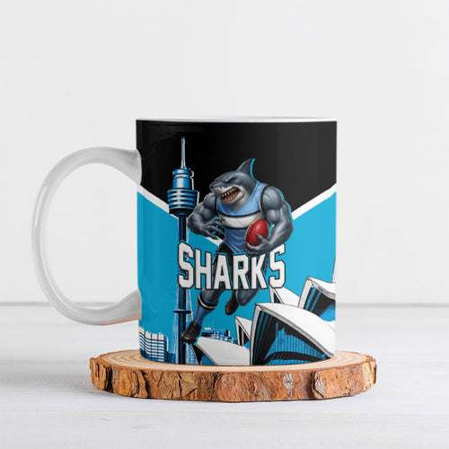 Personalised Sydney Sharks Rugby Ceramic Mug Muscular Mascot Harbour Bridge Skyline Graphic