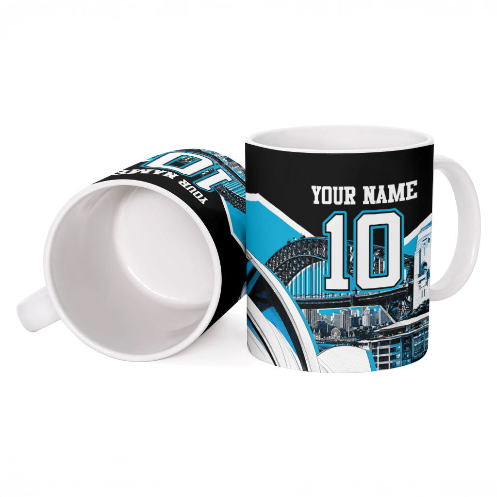 Personalised Sydney Sharks Rugby Ceramic Mug Muscular Mascot Harbour Bridge Skyline Graphic