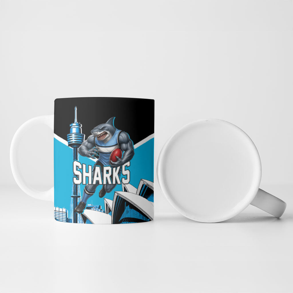 Personalised Sydney Sharks Rugby Ceramic Mug Muscular Mascot Harbour Bridge Skyline Graphic