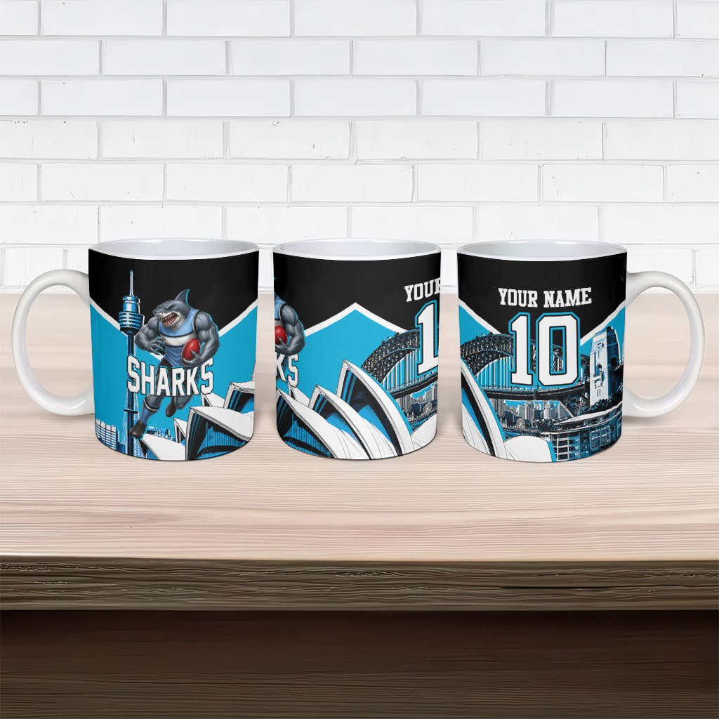Personalised Sydney Sharks Rugby Ceramic Mug Muscular Mascot Harbour Bridge Skyline Graphic