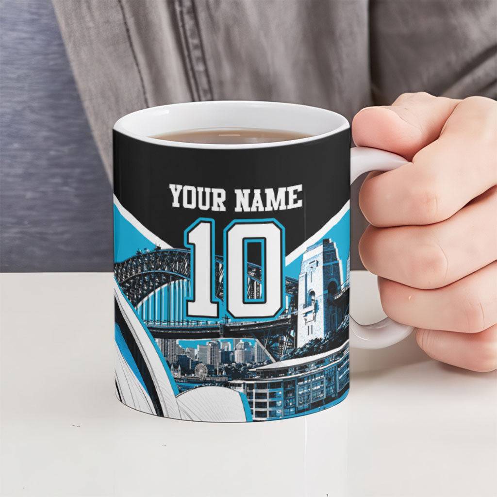Personalised Sydney Sharks Rugby Ceramic Mug Muscular Mascot Harbour Bridge Skyline Graphic